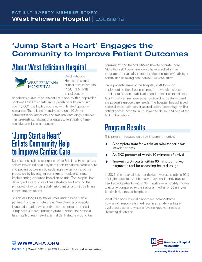 Patient Safety Member Story: West Feliciana Hospital | Louisiana page 1. ‘Jump Start a Heart’ Engages the Community to Improve Patient Outcomes.
