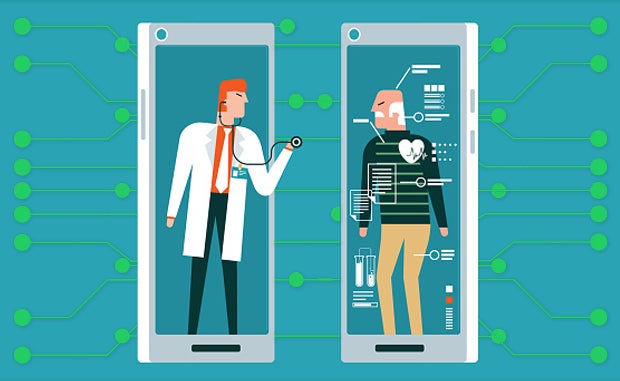 Systems Forge Partnerships to Expand Remote Patient Monitoring Programs. A clinician on the screen of one mobile phone examines an elderly patient on the screen of another mobile phone. The patient also has vital signs displayed on his mobile phone screen.