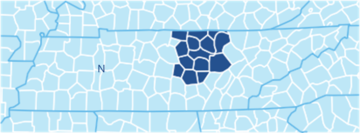 Map of the state of Tennessee with the counties in the Upper Cumberland region highlighted.