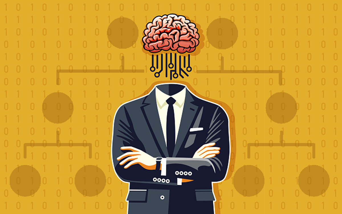 The C-Suite Rewrites the Org Chart: How Health Systems Are Elevating Technology Leadership. A health care CEO in a business suit without a head has and Artificial Intelligence AI brain hovering over his shirt collar with an organization chart in the background.