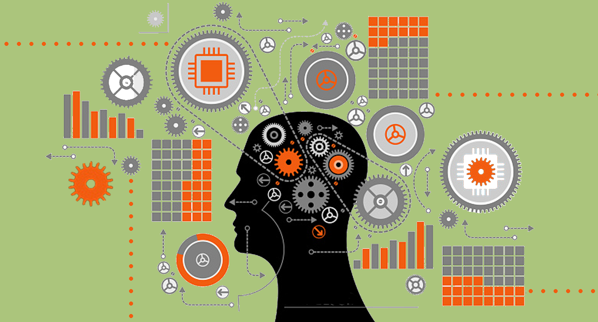 The Reimagined CEO: Leading Health Care into Its Next Era. A CEO's head in profile with the brain containing gears connected to outside gears supplying all the data being input into the brain.