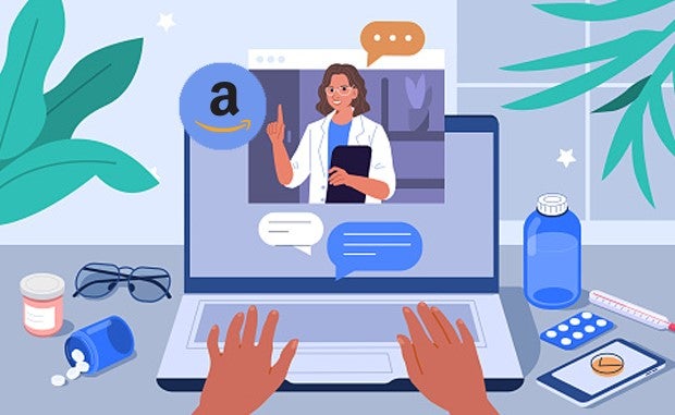 What Amazon Clinic Will Mean for Consumers and the Online Retail Giant. A patient sits at a laptop computer surrounded my prescription medications, a thermometer, and a mobile phone, and talks to a clinician on the laptop screen using Amazon Clinic.
