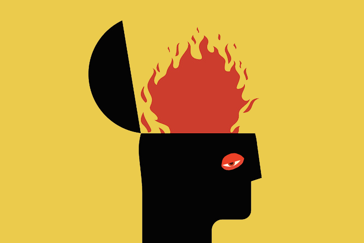 What Physicians and Nurses Want Execs to Do about the Burnout Problem. A human head in profile is opened like a lighter with flames coming out of the inside.