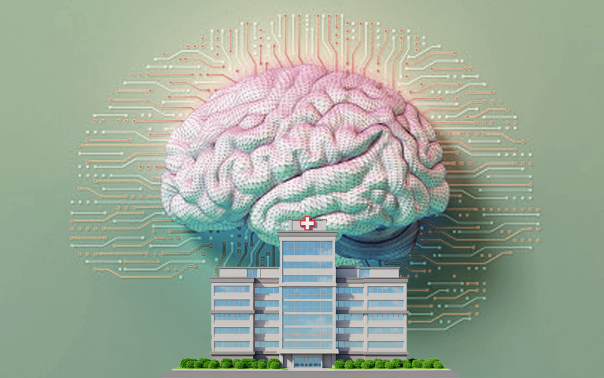Why Health Systems Are Increasingly Investing in Smart Rooms. A digital brain with connections extending out from it connecting to a hospital facility.