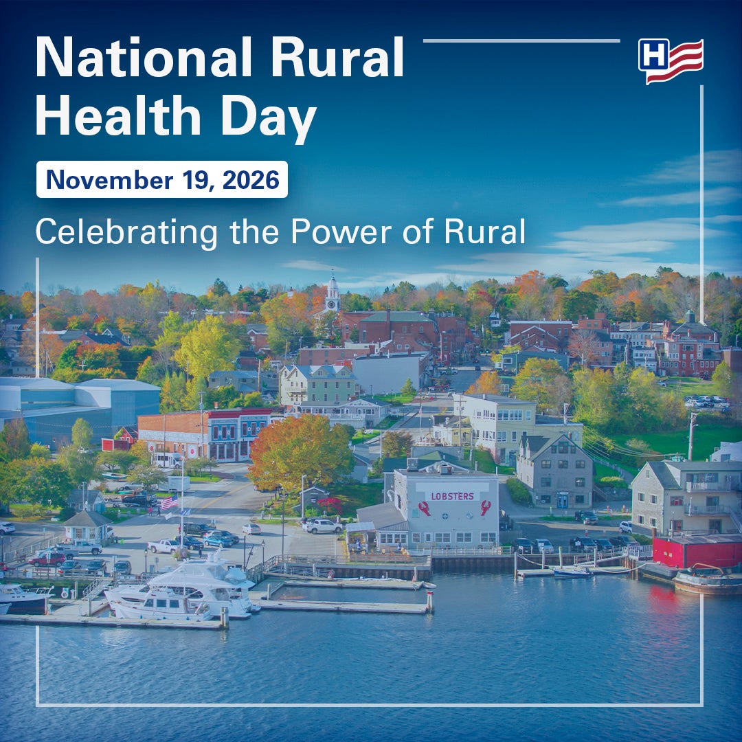 National Rural Health Day Banner Image of town and tree lined landscape in blue hue.
