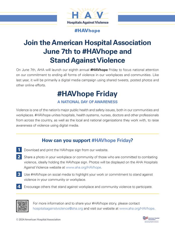 #HAVhope Friday flyer. Join the American Hospital Association June 7th to #HAVhope and Stand Against Violence.