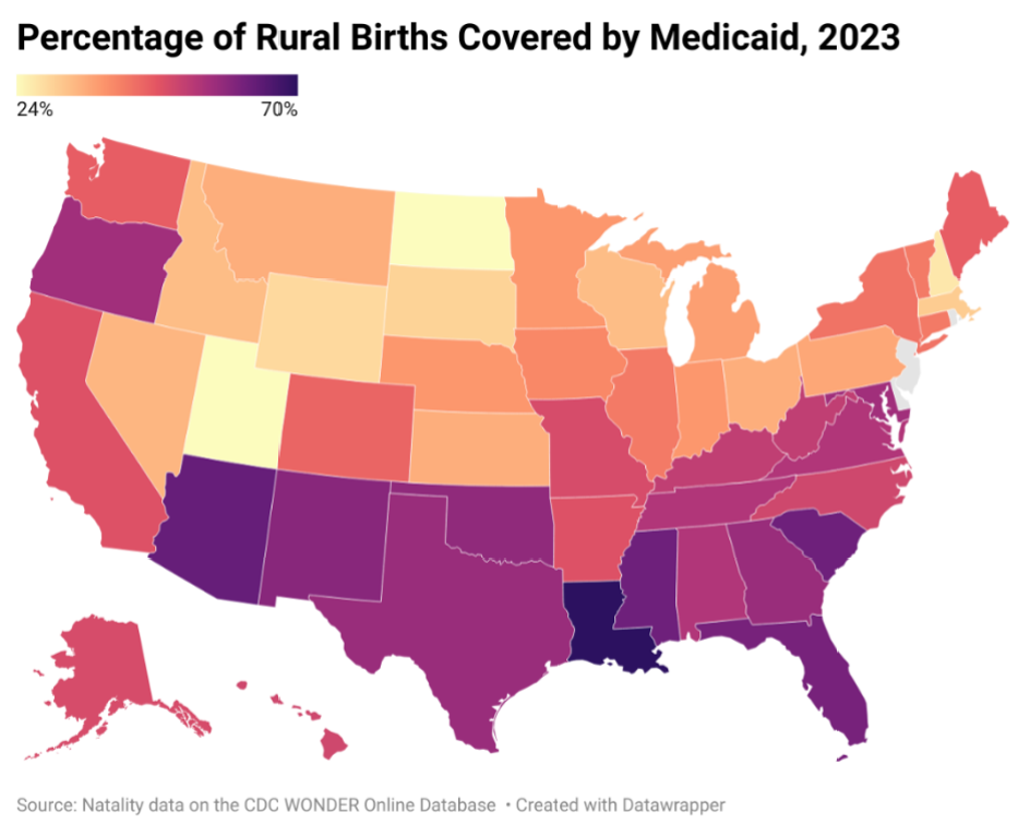 Map Chart Percentage of Rural Births Covered by Medicaid, 2023
