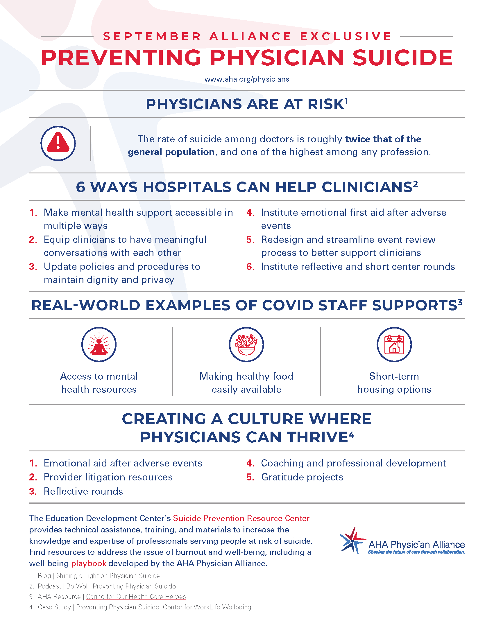 September Alliance Exclusive Preventing Physician Suicide infographic. Physicians are at risk. The rate of suicide among doctors is roughly twice that of the general population, and one of the highest among any profession.