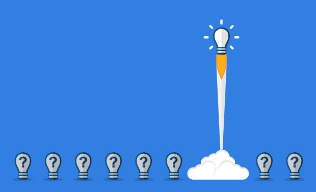 Ready to Advance Your Innovation? Check Out the AHA Fund. A horizontal row of dark light bulbs with question marks on them with one light bulb lit and taking off like a rocket.