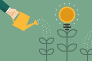 Advocate Aurora Health Investment Arm Targets Holistic Care. A graphic image of a hand holding a watering can and watering flowers, one of which is a blooming lightbulb.