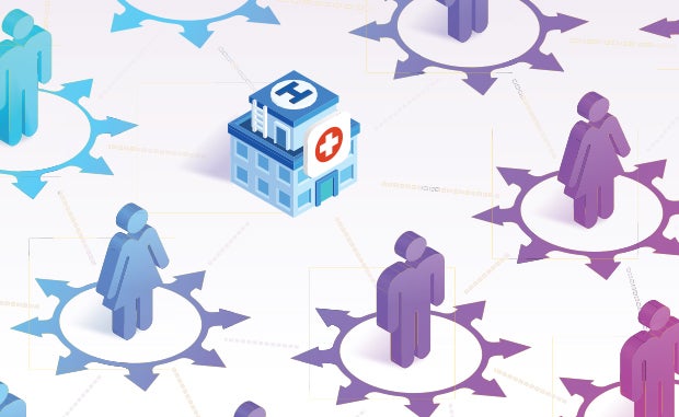 AHA Market Scan Hospitals Work to Ensure Patients a Safe Return for Needed Care. Graphic of people with compass points around them surrounding a hospital.