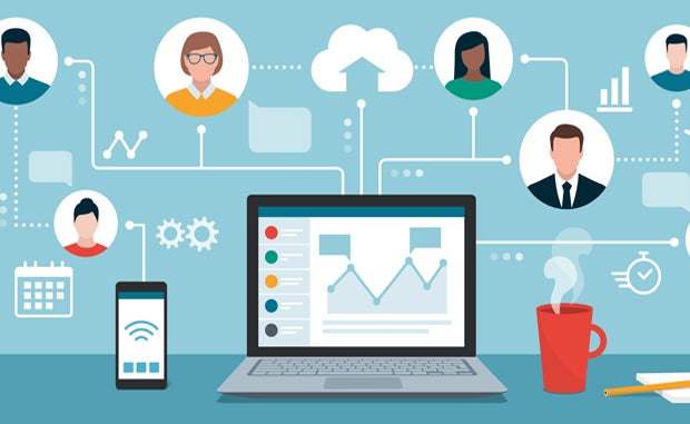 4 Lessons for Navigating a New Reality. A computer and phone connect multiple people in a virtual network.