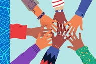 Collaboration is king. A diverse group of hands are in a circle together.