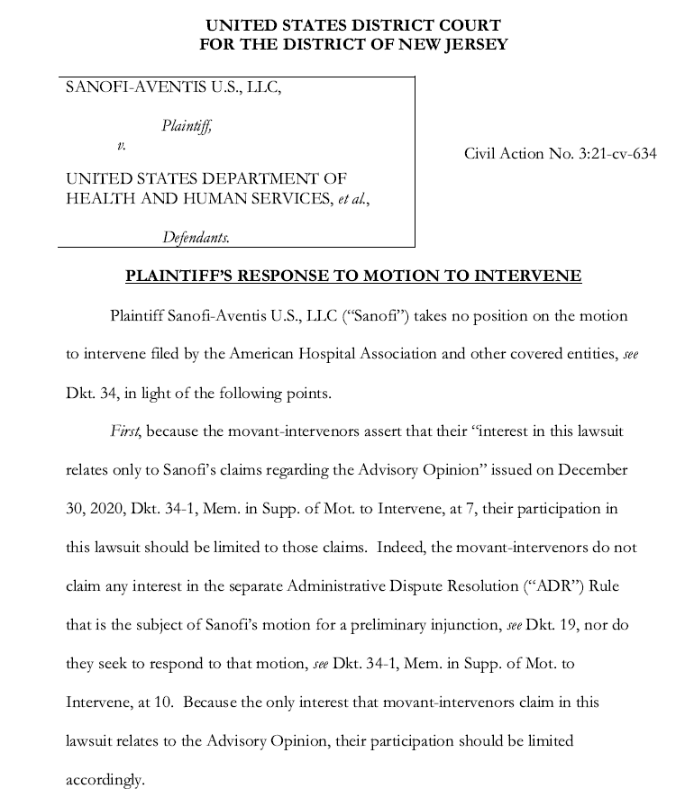 Response to Motion to Intervene - SANOFI-AVENTIS vs HHS image