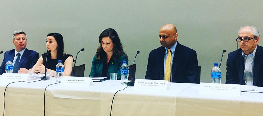 From left to right, Erik Rasmussen, Vice President, AHA; Caitlin Gillooley, Senior Associate Director, Policy, AHA; Jennifer Snow, Director, Public Policy, NAMI, National Alliance on Mental Illness; Harsh Trivedi, M.D., President and CEO, Sheppard Pratt Health System; and John Santopietro, M.D., Senior Vice President, Hartford HealthCare, on the panel at today's behavioral health briefing on Capitol Hill.