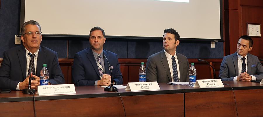 From left to right, Peter Adamson, chair of the Children’s Oncology Group at the Children’s Hospital of Philadelphia; Brian Marden, chief pharmacy officer at MaineHealth Portland, ME;  Daniel Teich, vice president of pharmacy purchasing and contracting at Fairview Pharmacy Services in Minneapolis, MN; and Edward Mariano, M.D., chief of anesthesiology and perioperative care service and associate chief of staff for inpatient surgical services at VA Palo Alto (Calif.) Health Care System, discuss drug shortages