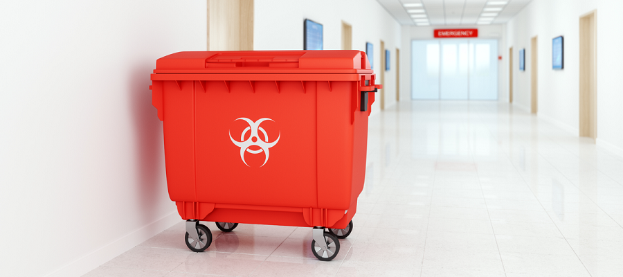 A hazardous waste container with wheels in a hospital hallway.