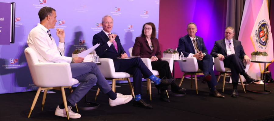 Panel discussion featuring Jim VandeHei, CEO of Axios; Marc Boom, M.D., AHA board chair and president and CEO of Houston Methodist; Anne Klibanski, M.D., president and CEO of Mass General Brigham; Jonathan Perlin, M.D., president and CEO of Joint Commission; and Ladd Wiley, senior vice president of global corporate affairs, public policy and advocacy for Epic.