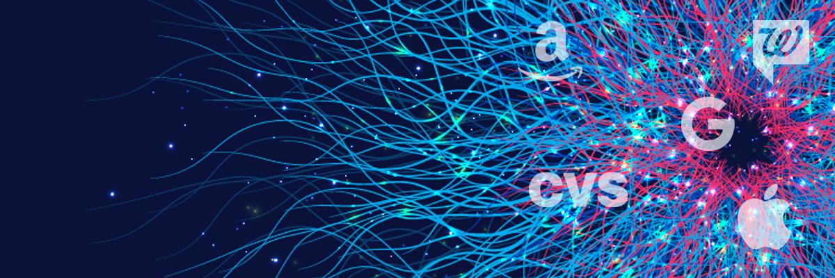 Health Care Disruption: 2023 Outlook. Amazon, Walgreen, Google, CVS, and Apple logos on a background of a neural map.