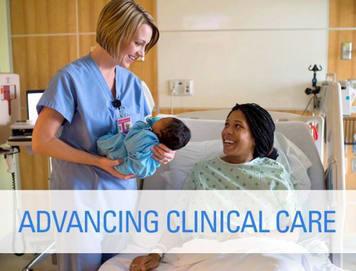 Advancing Clinical Care AHA Homepage Image. A clinician holds a newborn who she is handing to the infant's mother.