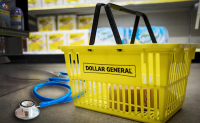 Dollar General Takes Another Step to Expand Its Health Care Offerings. A Dollar General shopping basket on the floor of a Dollar General store aisle with a stethoscope next to it.