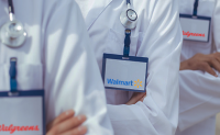 Will Walgreens, Walmart Value-based Care Plays Pay Off? Clinicians in white lab coats with stethoscopes around their neck wear ID badges with Walgreens and Walmart logos on them.