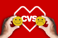 Closing the Loop on Patient Feedback: Lessons from CVS Health. The CVS Health logo with a person in the foreground holding a smiley face in his left hand and a frowning face in his right hand.