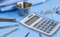 3 Keys for Hospitals to Achieve Sustainable Financial Stability. A calculator sits on a surgical table surrounded by forceps, scalpels, and other surgical tools.