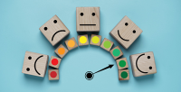 Survey: Without a Top-Notch Consumer Experience, Expect Patient Flight. A satisfaction meter made out of and arch of blocks with colored dot and facial expressions from sad to happy. The meter goes from dissatisfied/red on the left to satisfied/green on the right. The needle is pointing to satisfied/green to the right.