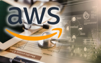 Amazon Introduces Agentic AI for Health Care Providers. The AWS logo on a background image of medical charts, a stethoscope, and tablet, and medical forms.