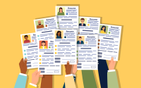 4 Health Systems Rewriting the Workforce Playbook. A group of businesspeople hold up resumes in their hands.