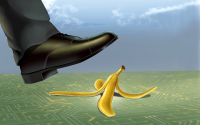 Avoiding Missteps: 3 Keys to Governing, Scaling and Deploying AI Responsibly. A healthcare executive in a business suit and black dress shoe steps on a banana peel on a computer board representing artificial intelligence (AI).
