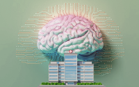 Why Health Systems Are Increasingly Investing in Smart Rooms. A digital brain with connections extending out from it connecting to a hospital facility.