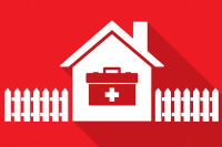 3 Strategies for Scaling Hospital at Home — From Leaders Who've Done It. A white house with a white picket fence with a red medical bag on the font of the house.