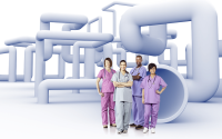 Philanthropic Investments Strengthen Healthcare Talent Pipelines. A group of healthcare workers in scrubs standing in front of an intricate workforce pipeline.