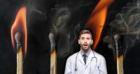 How Health Systems Are Addressing Physician Burnout. A physician experiencing stress stands in front of four matches, two of which are on fire, two of which have burned out.