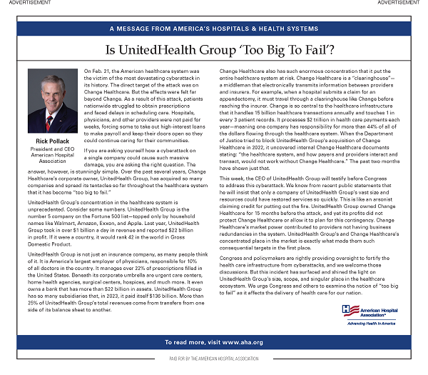 A message from America's Hospitals and Health Systems. Is UnitedHealth Group ‘Too Big to Fail’?