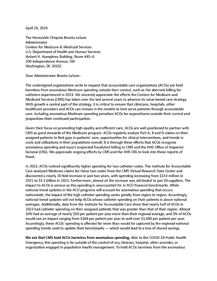 Letter to CMS Administrator Brooks-LaSure on Higher Spending on Two Catheter Codes and the Impact on ACOs page 1.